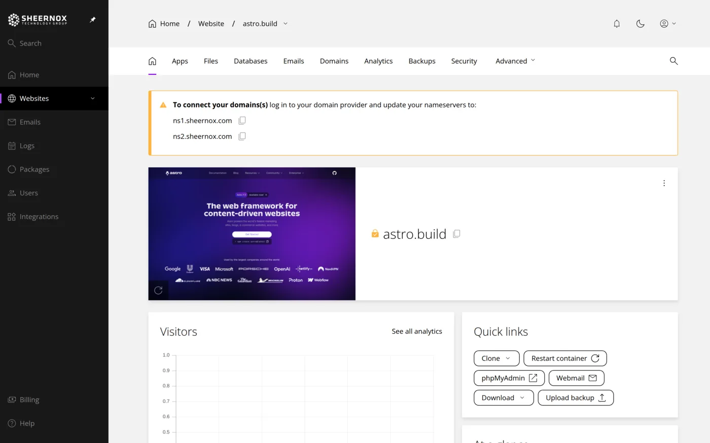 Website overview page with tabs for apps, files, databases, emails, domains, analytics, backups, and security, plus quick links